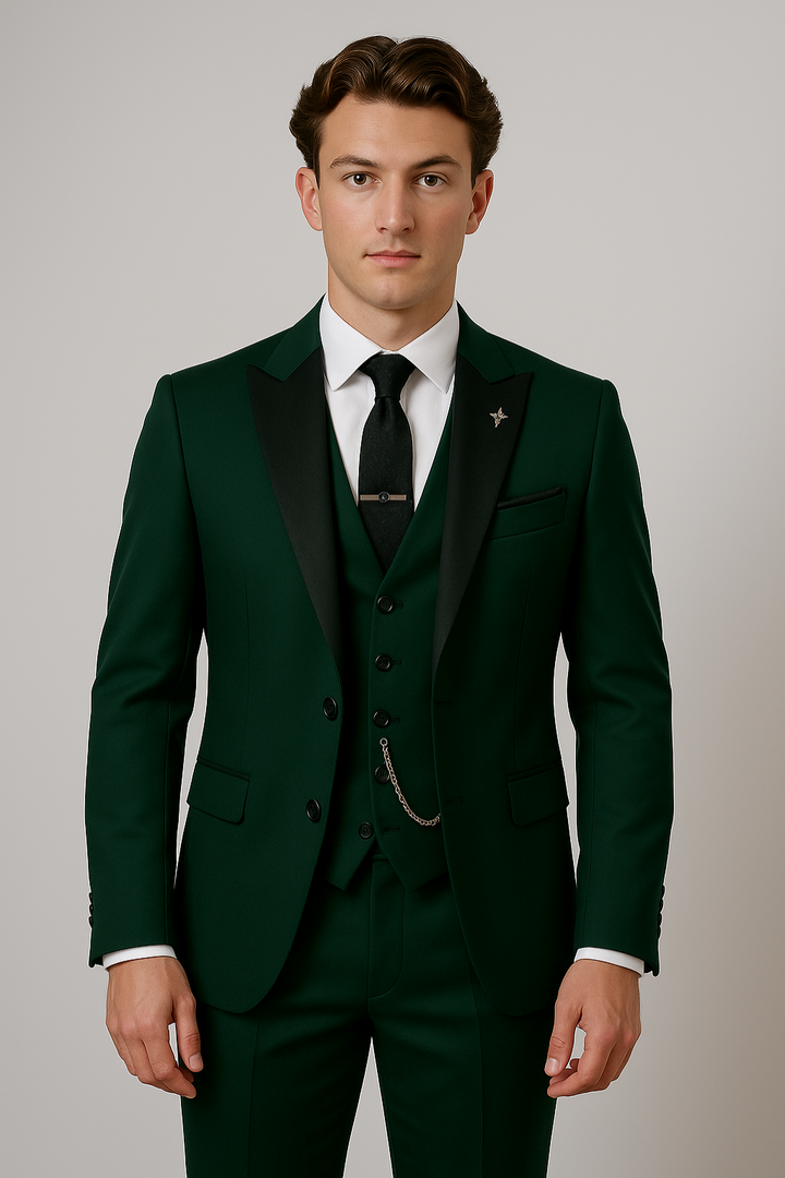Dark green three-piece men's suit with elegant contrast lapel. Ideal for formal events, weddings, or business attire.
