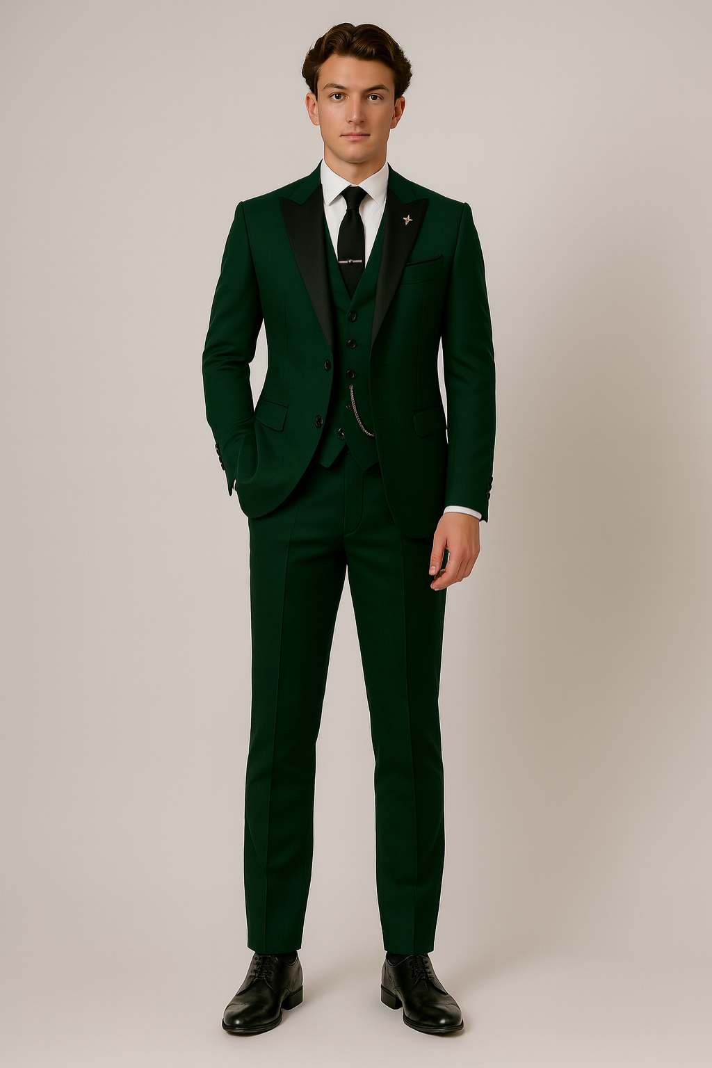 Men's tailored dark green three-piece suit with a sophisticated contrast lapel. Great for formal & business wear.