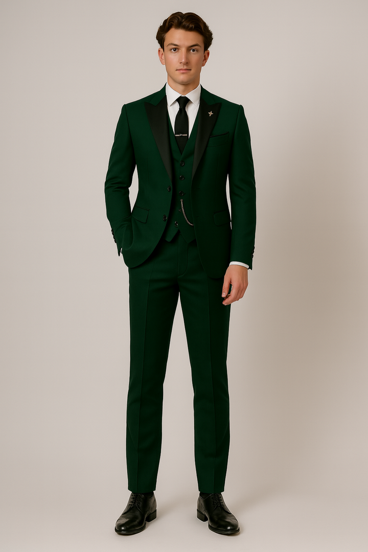 Men's tailored dark green three-piece suit with a sophisticated contrast lapel. Great for formal & business wear.