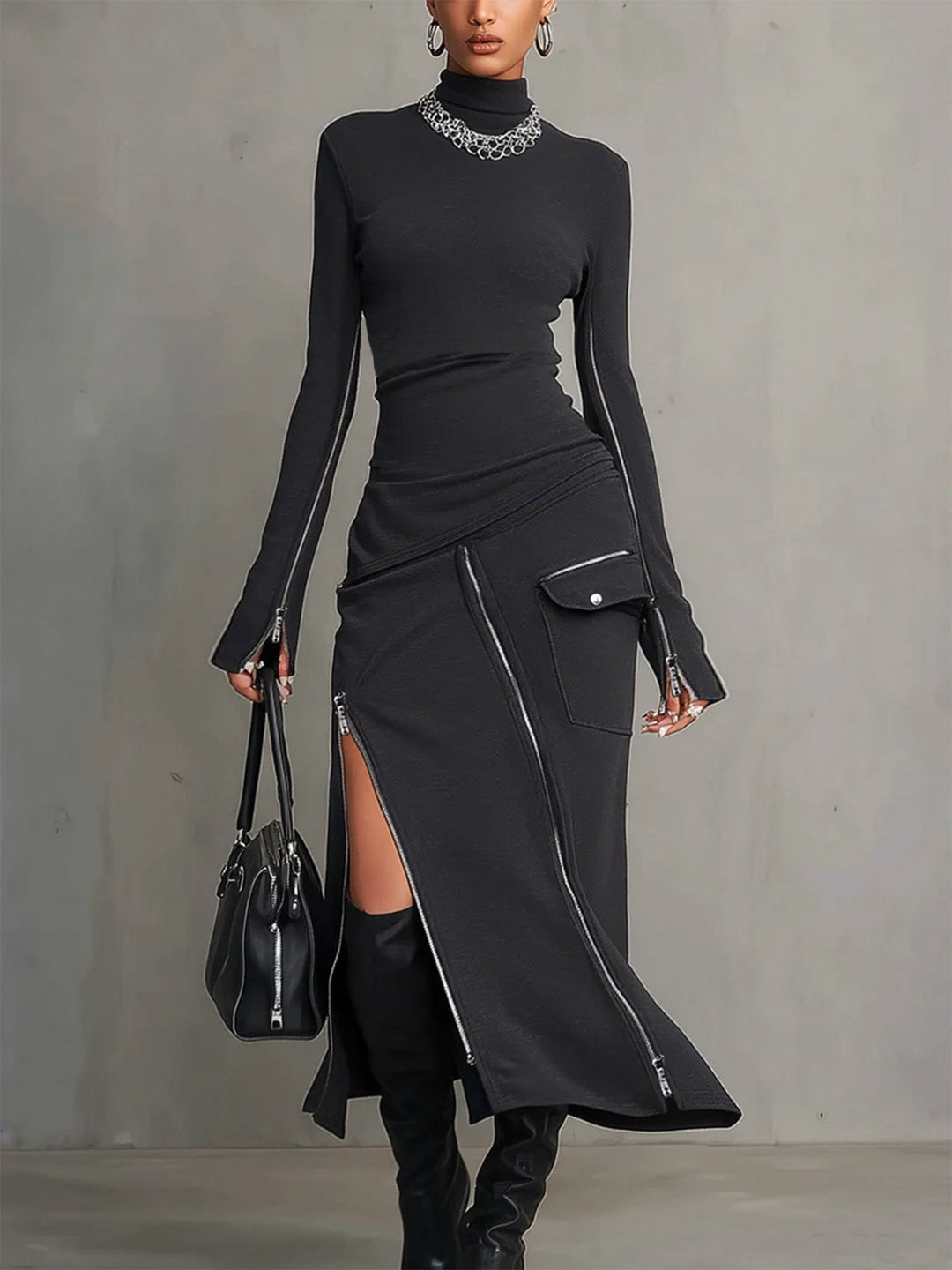 Dark grey women's turtleneck two-piece set with long-sleeve top & zipper pocket asymmetric midi skirt.