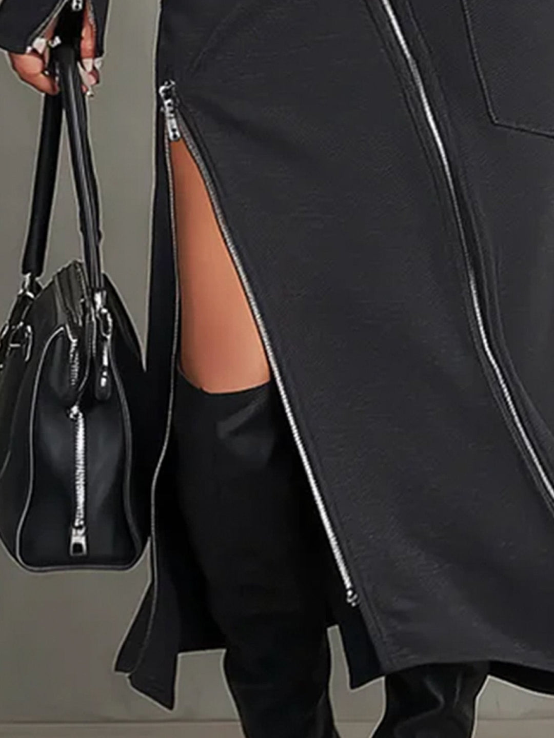 Women's dark grey long-sleeve turtleneck top and matching midi skirt with unique zipper pocket & asymmetric hem.