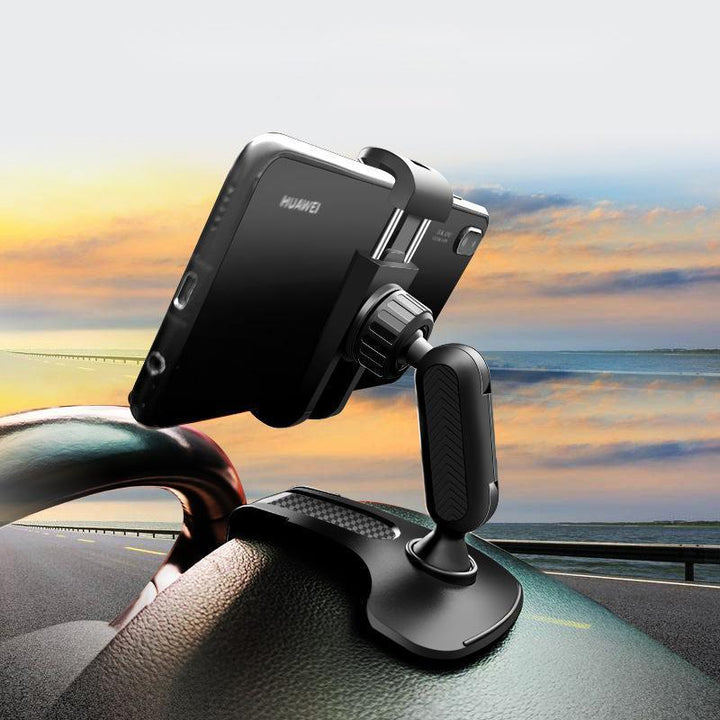 Dashboard phone holder securely gripping a smartphone, universal car accessory