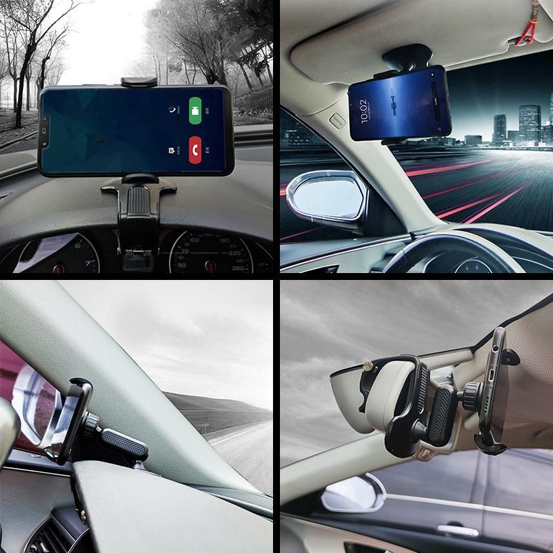 Hands-free car phone mount on a dashboard, black, universal fit for vehicles