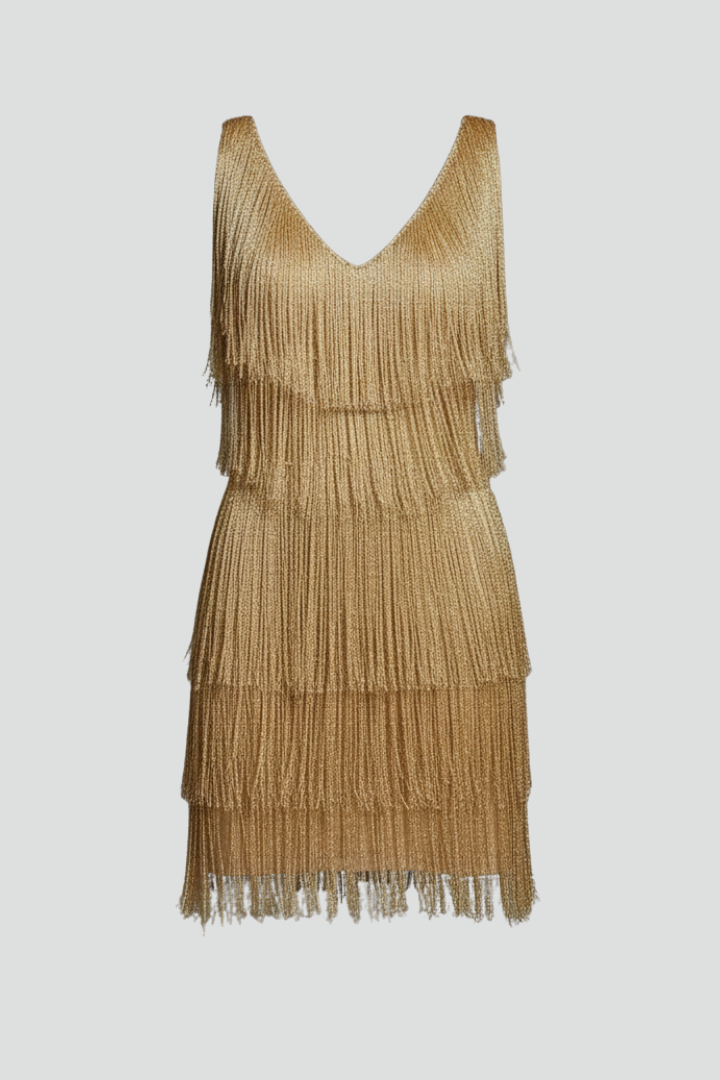 Dazzling fringe mini dress for women, sleeveless V-neck style, perfect for parties & special occasions.