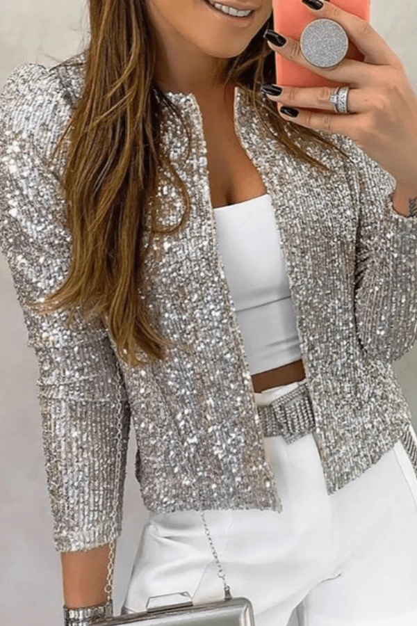Elegant black sequin blazer, an open-front women's evening jacket. Perfect statement piece for a night out.