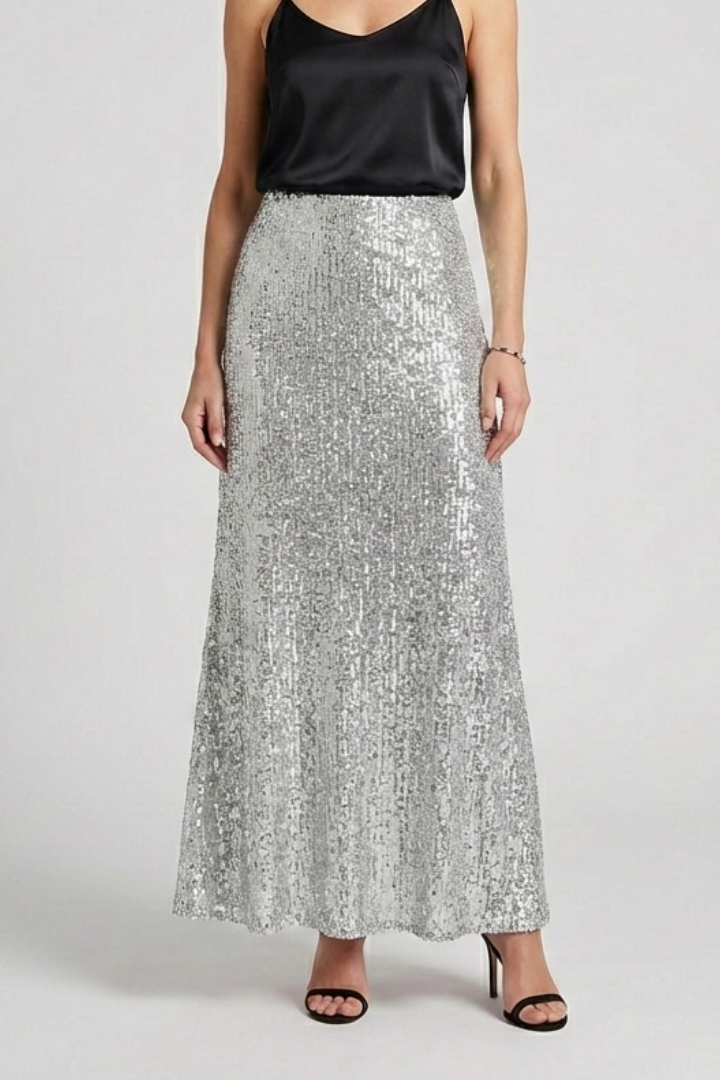 Comfortable women's sequin maxi skirt with elastic waist, shimmering for elegant evening wear.