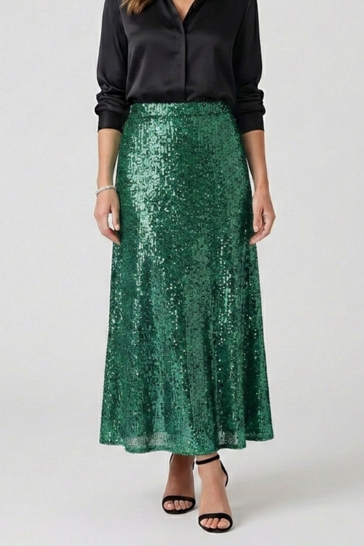 Beautiful women's sequin maxi skirt, a long shimmering skirt for glamorous party and formal fashion.