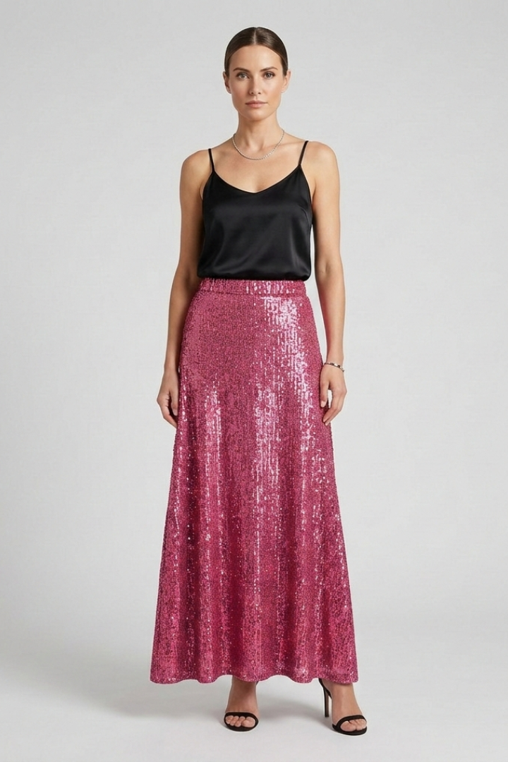Women's dazzling long sequin maxi skirt, an elegant and comfortable choice for special occasion sparkle.