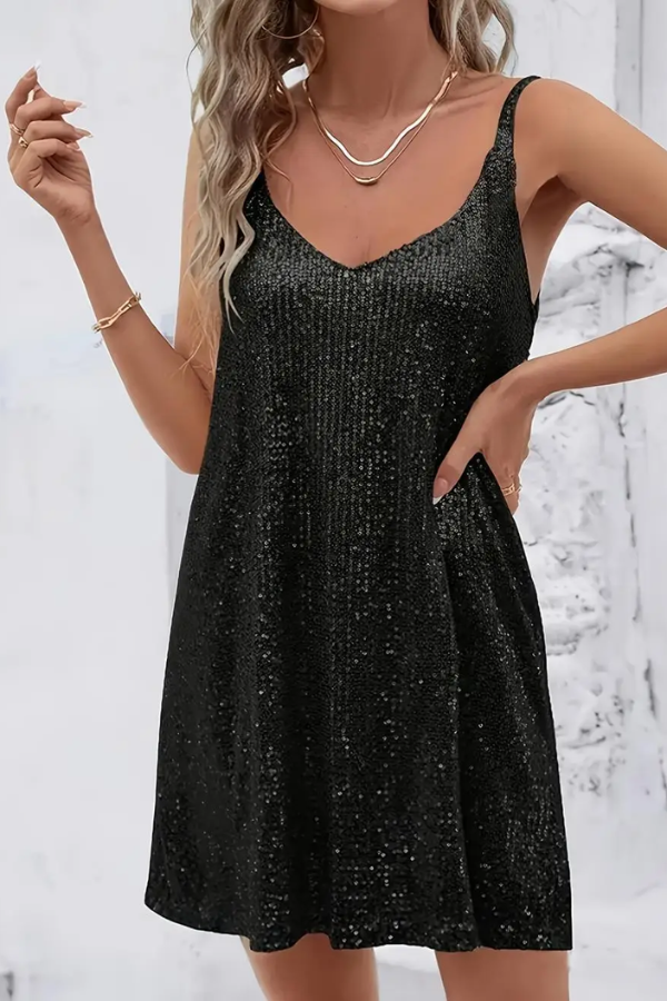 Women's formal sequin mini dress, dazzling and sleeveless, perfect for cocktail parties.