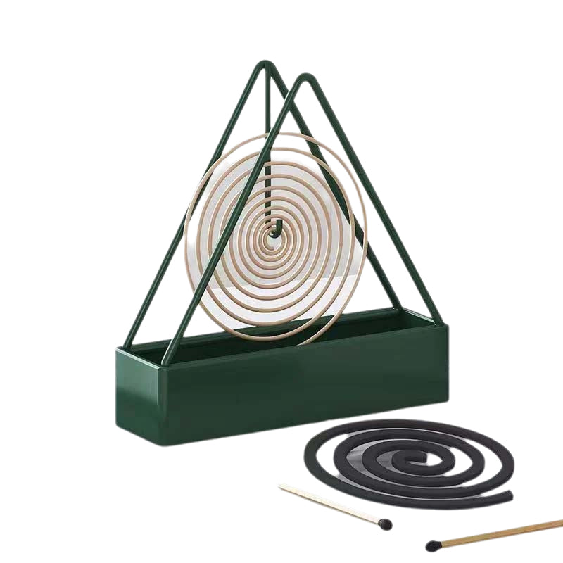 Safely contained mosquito coil in an iron holder, preventing accidental burns and ash mess.