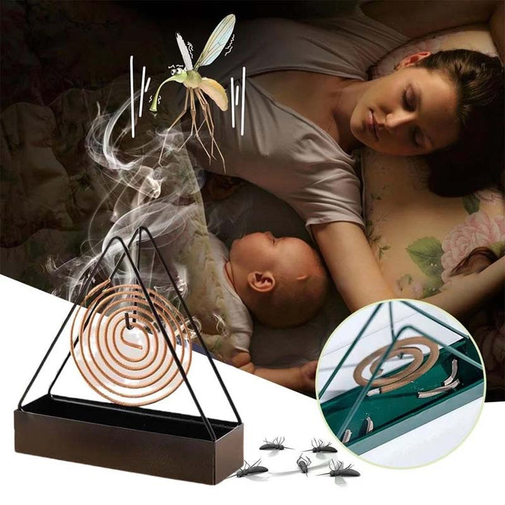 Functional outdoor decor: a hanging iron mosquito coil holder with a secure lid for safety.