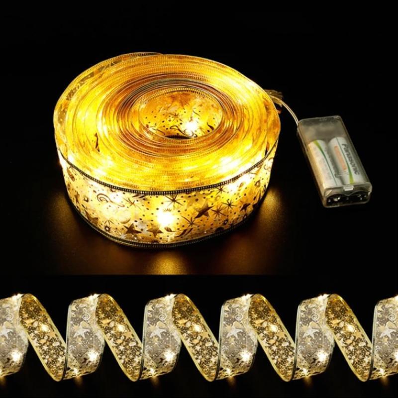 Elegant LED ribbon string lights, gold metallic, for festive Christmas decorations