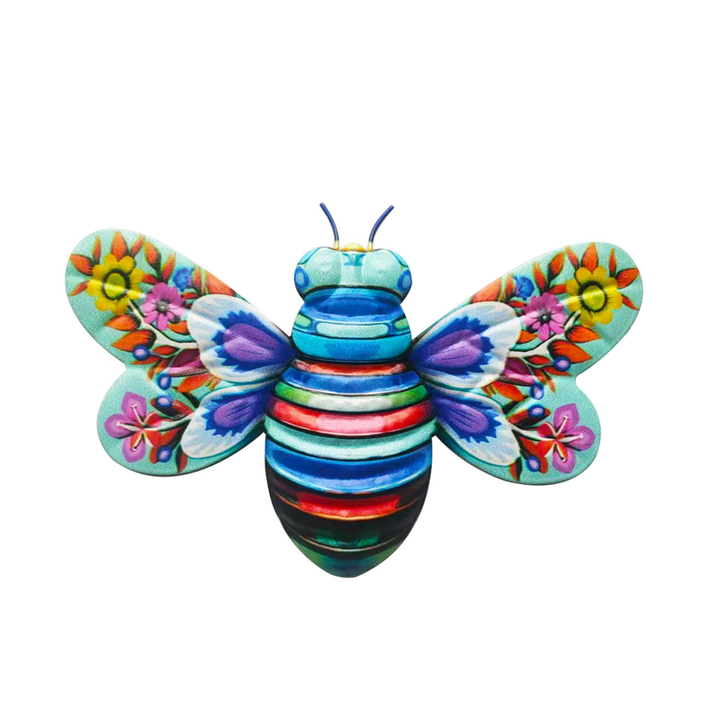 Artistic metal bee, serves as a focal point in a flower garden or on a living room wall.