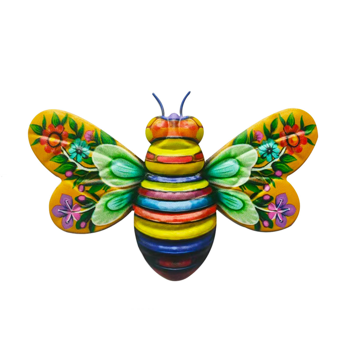 Garden wall decor: a striking metal bee artwork that complements various outdoor themes.