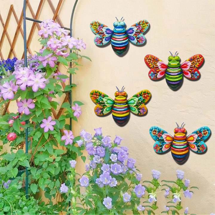Large metal bee sculpture, detailed with wings & legs, designed for outdoor garden decoration.