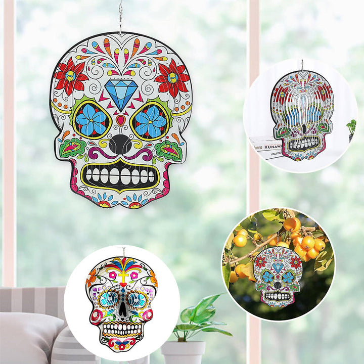 Decorative Sugar Skull Wind Spinner for Gardens, vibrant metal outdoor art