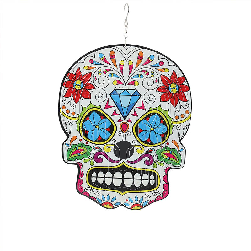 Sugar Skull Wind Spinner in a garden setting, beautiful outdoor home accent