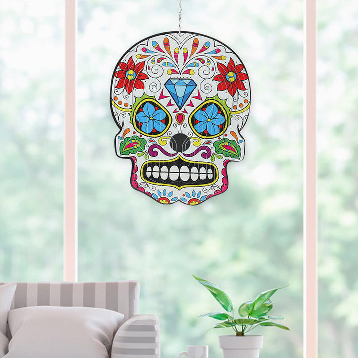 Sugar Skull Wind Spinner in motion, colorful visual effect, unique gift