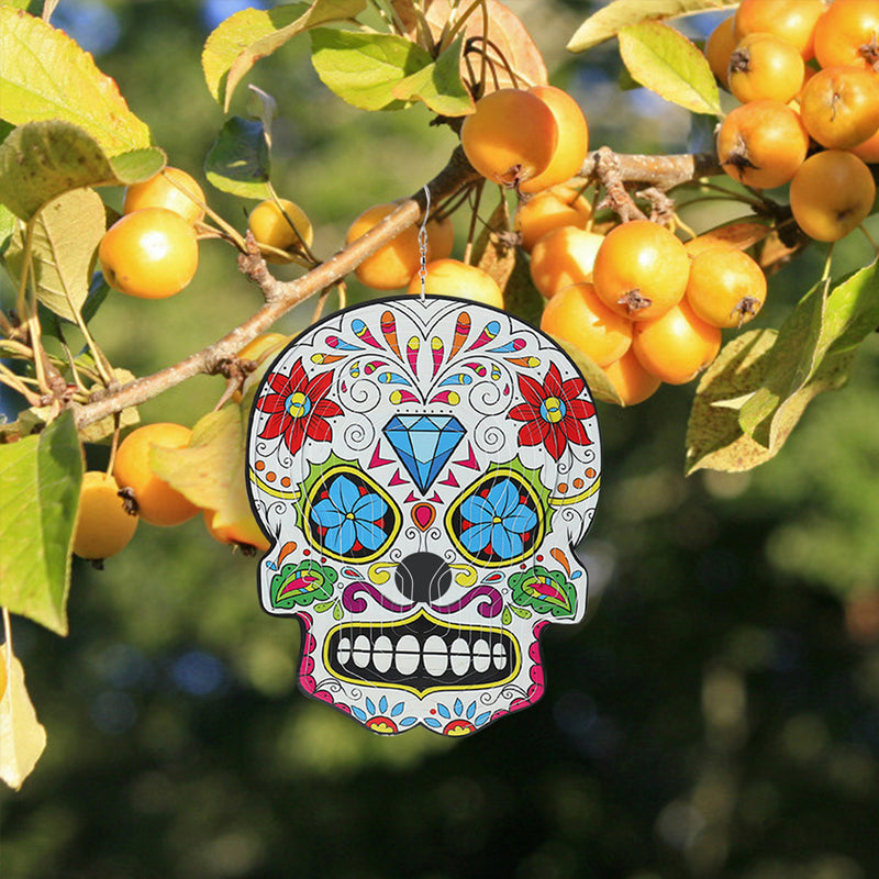 Vibrant Sugar Skull Wind Spinner, durable stainless steel, rotating garden art