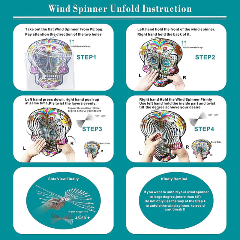 Metal art wind spinner, artistic sugar skull, perfect outdoor decoration