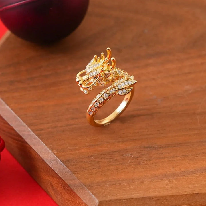 Delicate dragon zirconia adjustable ring for women, gold-plated, intricate design