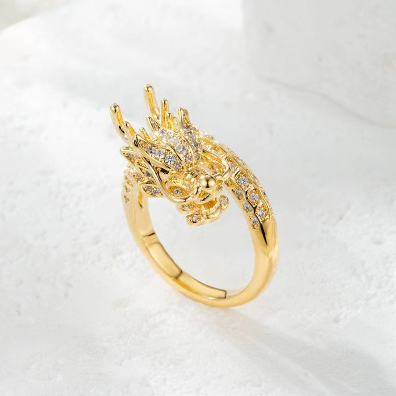 Elegant adjustable dragon ring for women, featuring a detailed dragon head and zirconia gems
