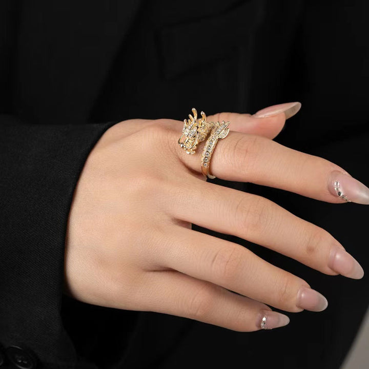 Stylish women's jewelry: silver-tone adjustable dragon ring with shimmering zirconia embellishments