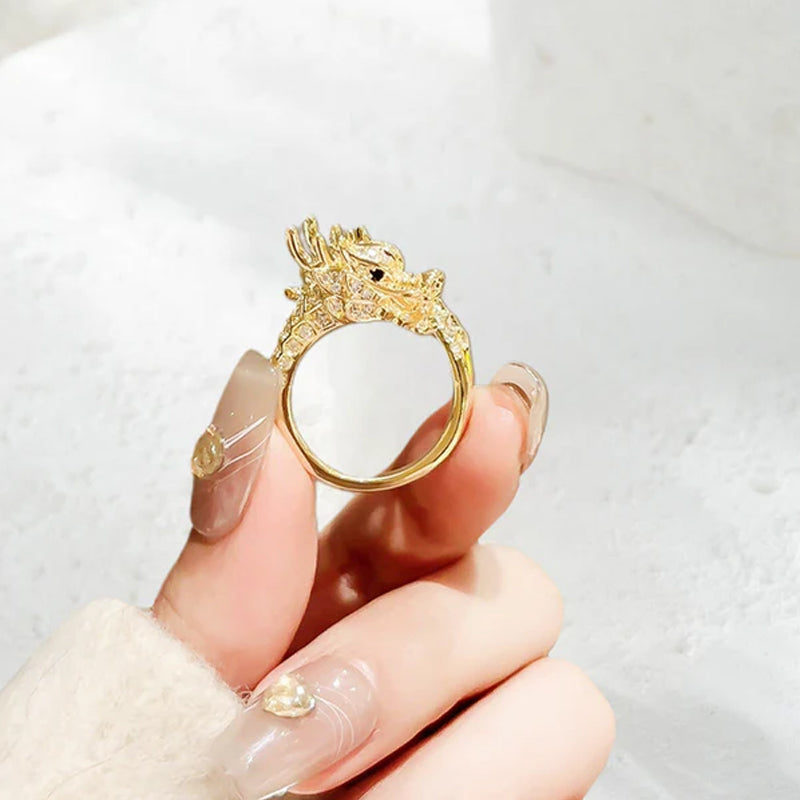 Gift idea: women's delicate dragon zirconia adjustable ring for good luck and style