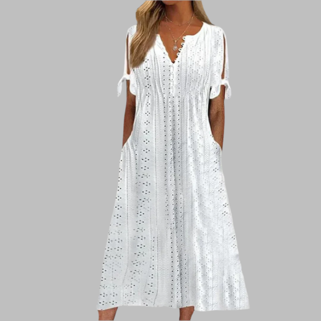 Delicate Women's Boho Summer Midi Dress with Pockets, V-neck, A-line. Perfect for casual wear or vacation.