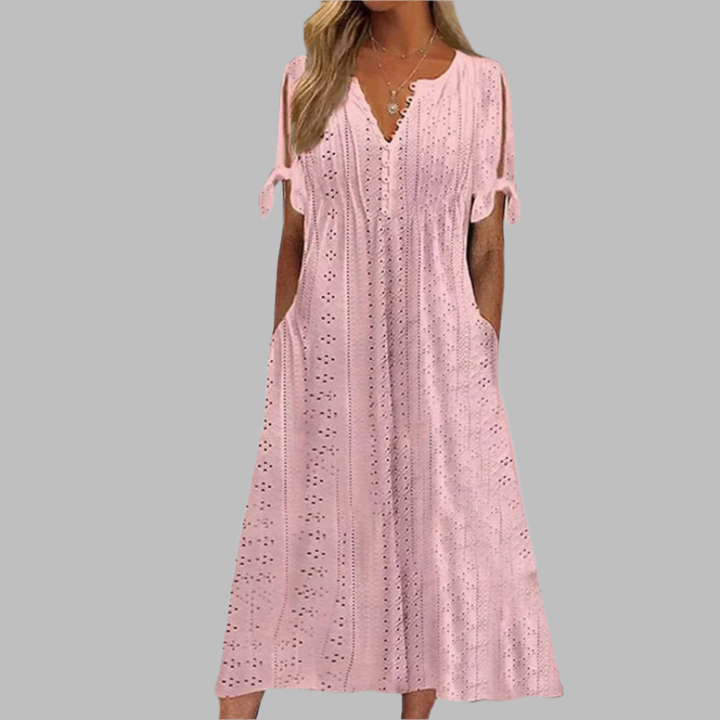 Versatile Women's Delicate Boho Midi Dress with pockets and short sleeves. Ideal summer casual wear or vacation outfit.