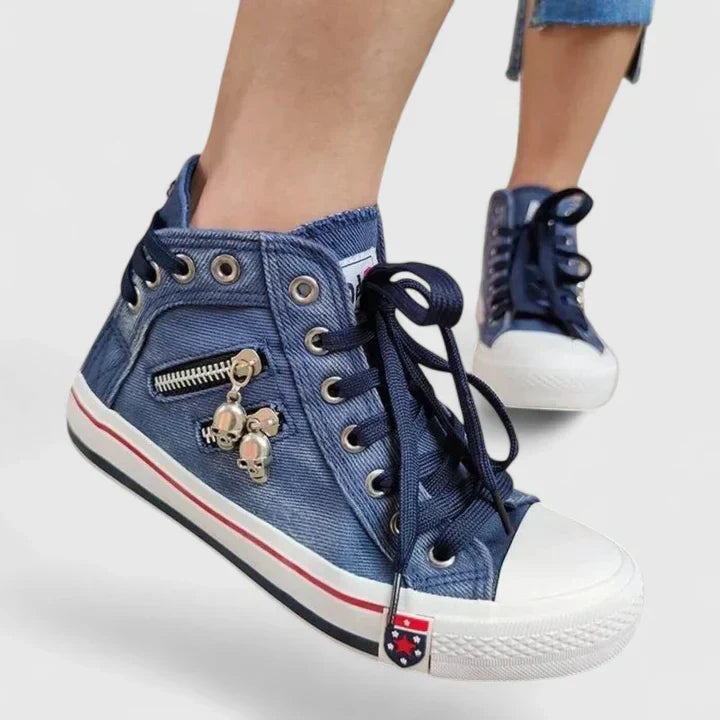 Denim blue women's orthopedic comfort shoes with arch support for everyday wear.