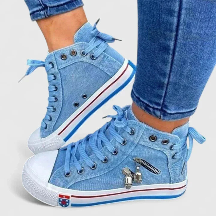 Women's supportive denim blue orthopedic shoes with arch support, ideal for walking & daily comfort.