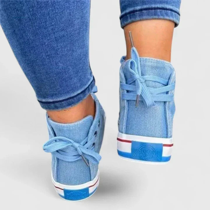 Stylish denim blue women's comfort shoes, perfect for everyday wear with supportive arch technology.