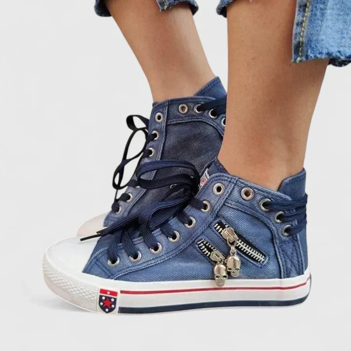 Women's orthopedic comfort shoes in denim blue, stylish and supportive for everyday wear & foot pain relief.