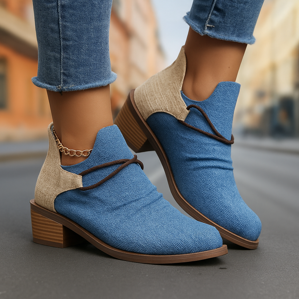 Denim blue woven textile boots with block heel for women, comfortable lace-up design
