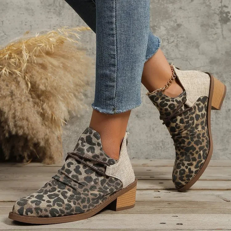 Full display of women's comfortable woven textile boots with block heel in denim blue