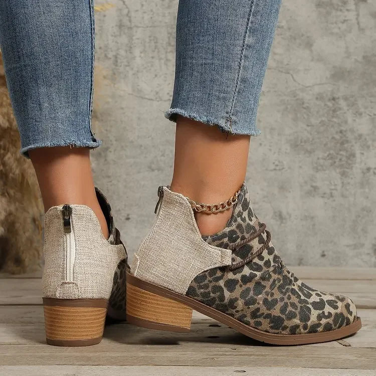 Fashion-forward women's leopard print woven textile boots with a practical block heel