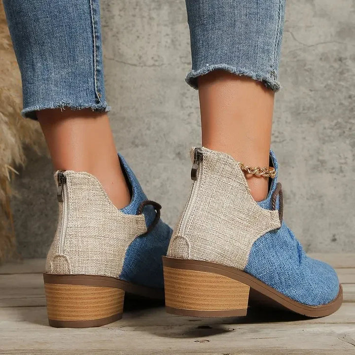 Comfy women's denim blue woven textile boots with block heel, perfect for casual wear