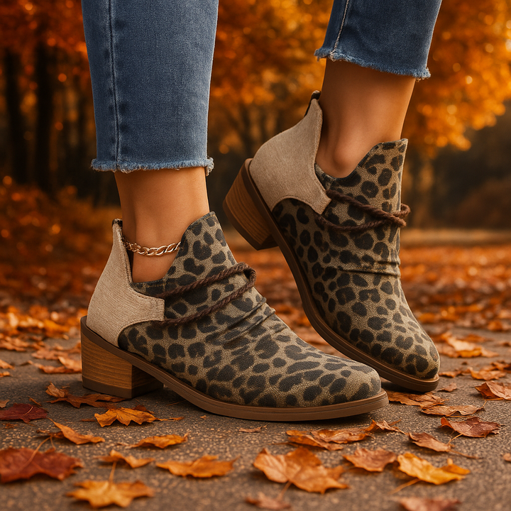 Leopard print woven textile boots with block heel, comfortable and stylish for women