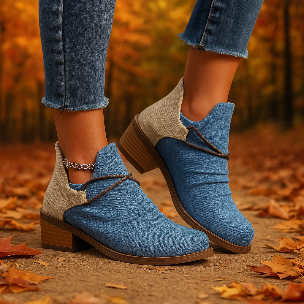 Side view of women's comfortable leopard print woven textile boots with sturdy block heel