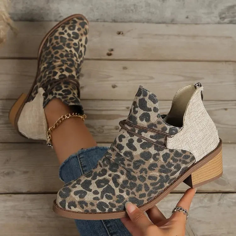 Fashionable women's woven textile boots, denim blue, with a comfortable block heel