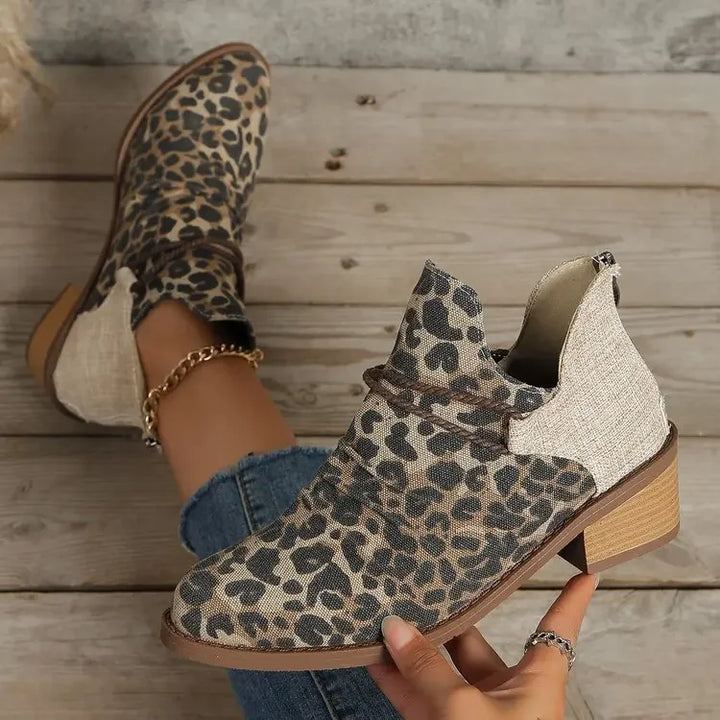 Fashionable women's woven textile boots, denim blue, with a comfortable block heel
