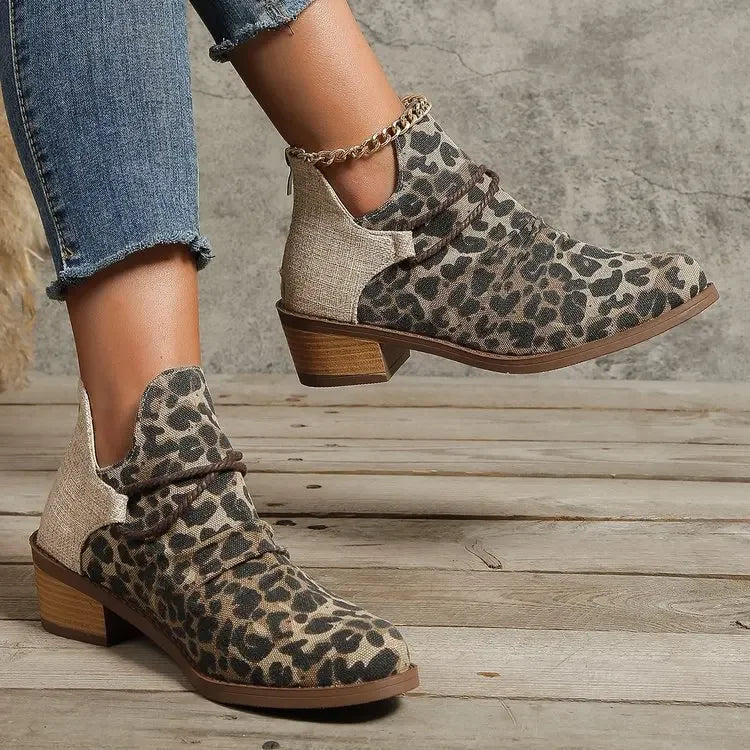 Women's casual leopard print woven textile boots featuring a comfortable block heel