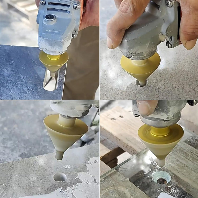 Worker utilizing a diamond chamfer bit on stone with an angle grinder tool