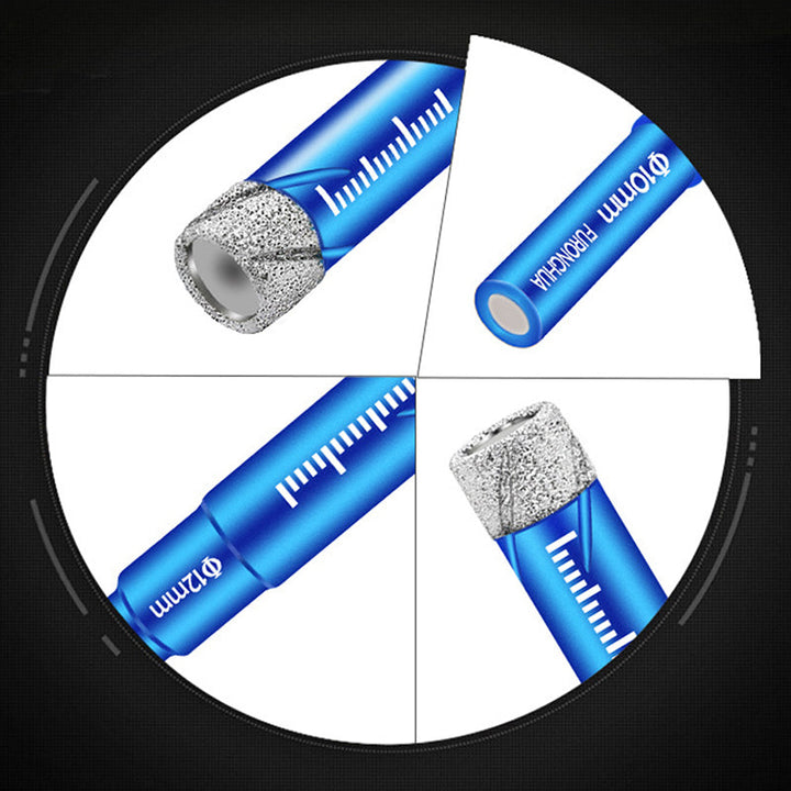 Packaging displaying diamond dry tile drill bits, highlighting their use for stone and glass