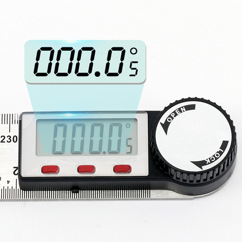 Close-up of Digital Angle Finder Ruler display, showing exact angle for crafting projects