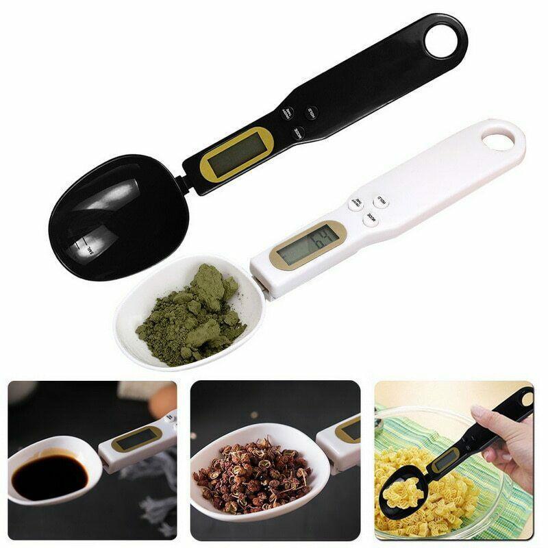 Close-up of a digital measuring spoon scale, ideal for precise food weighing in grams