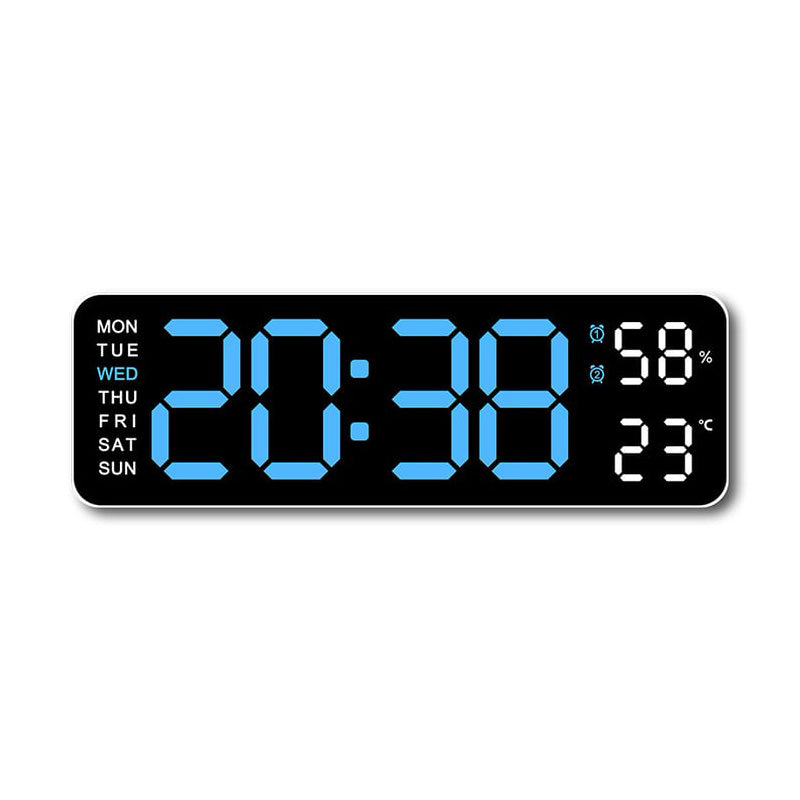 Digital LED wall clock showing date and time, useful for office or business