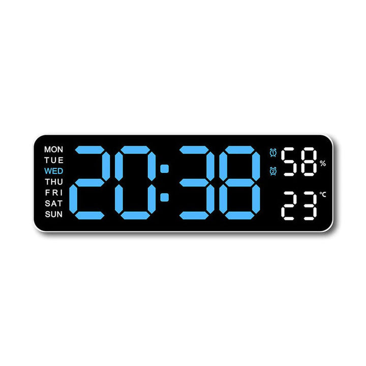 Digital LED wall clock showing date and time, useful for office or business
