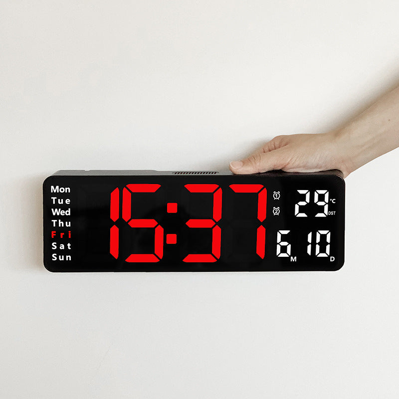 Stylish digital LED wall clock, blending seamlessly with contemporary interior design